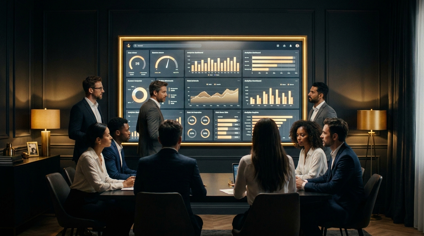 The Legereum team working around a glowing analytics wall